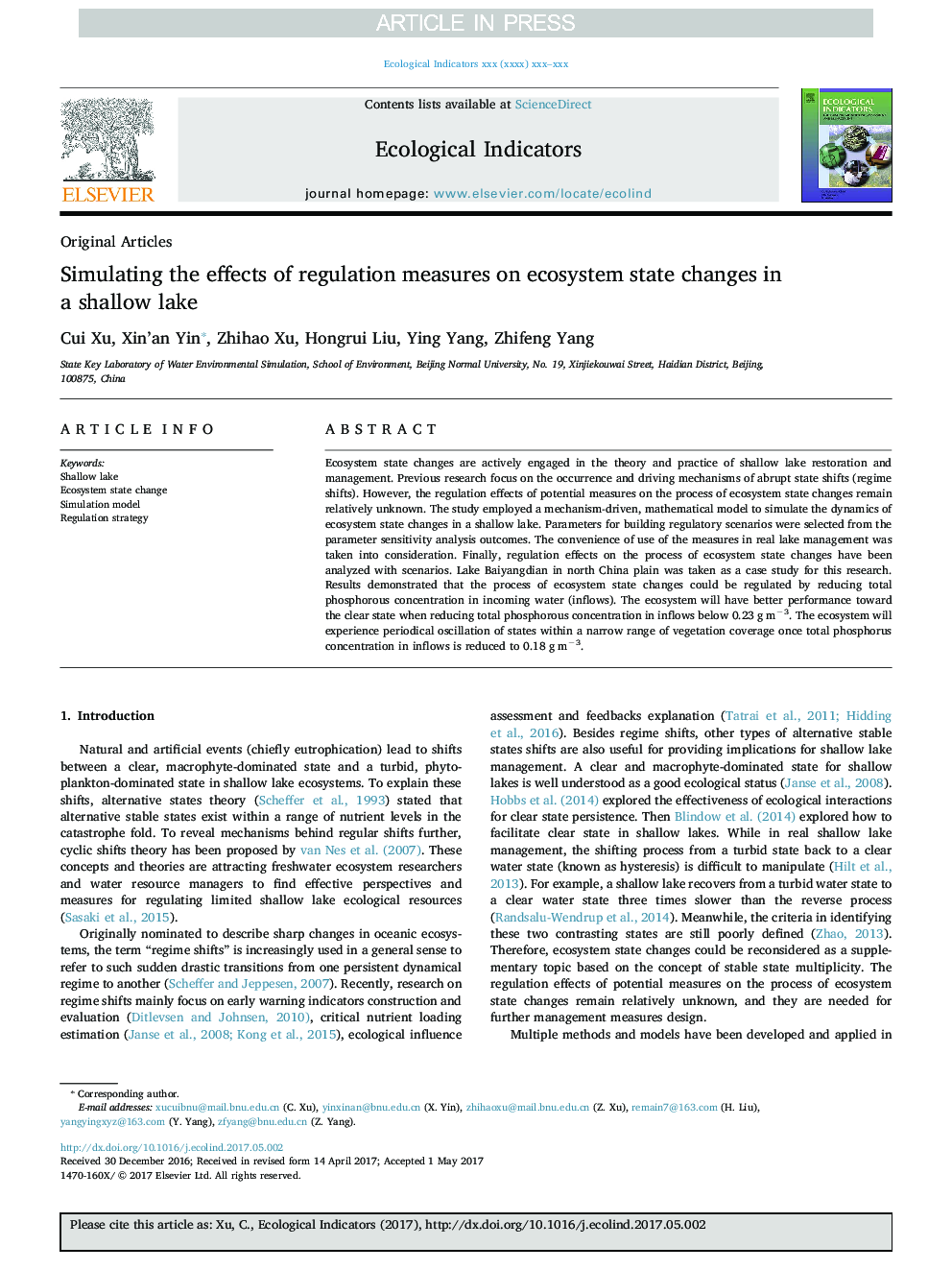 Simulating the effects of regulation measures on ecosystem state changes in a shallow lake