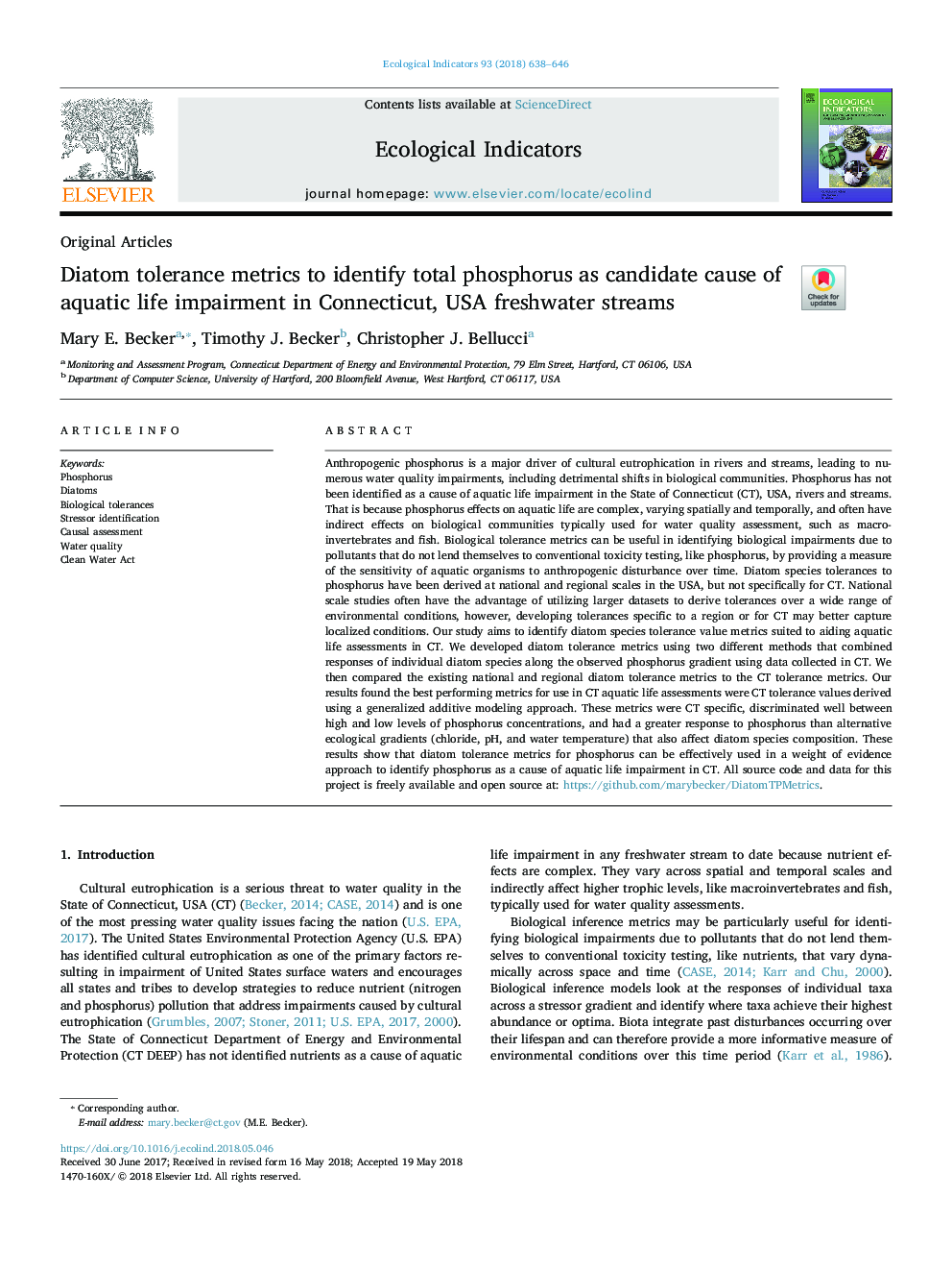 Diatom tolerance metrics to identify total phosphorus as candidate cause of aquatic life impairment in Connecticut, USA freshwater streams