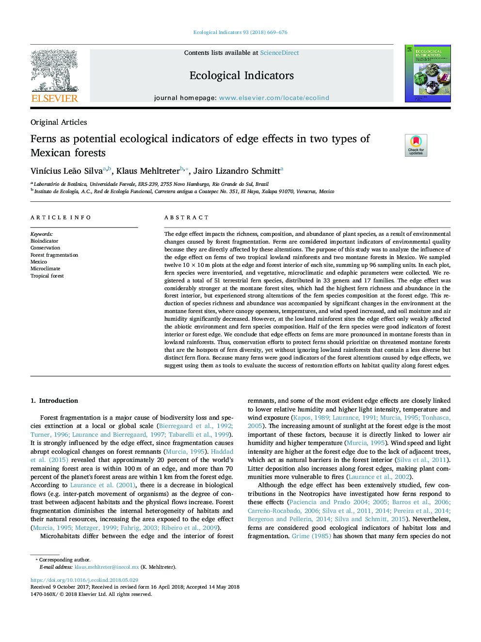 Ferns as potential ecological indicators of edge effects in two types of Mexican forests