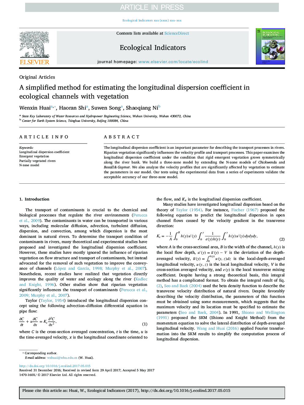 A simplified method for estimating the longitudinal dispersion coefficient in ecological channels with vegetation