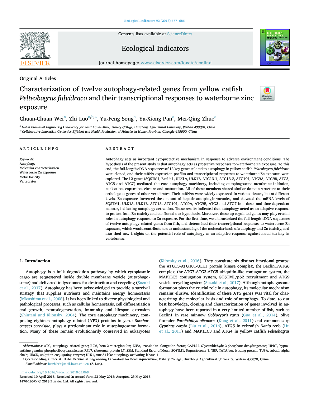 Characterization of twelve autophagy-related genes from yellow catfish Pelteobagrus fulvidraco and their transcriptional responses to waterborne zinc exposure