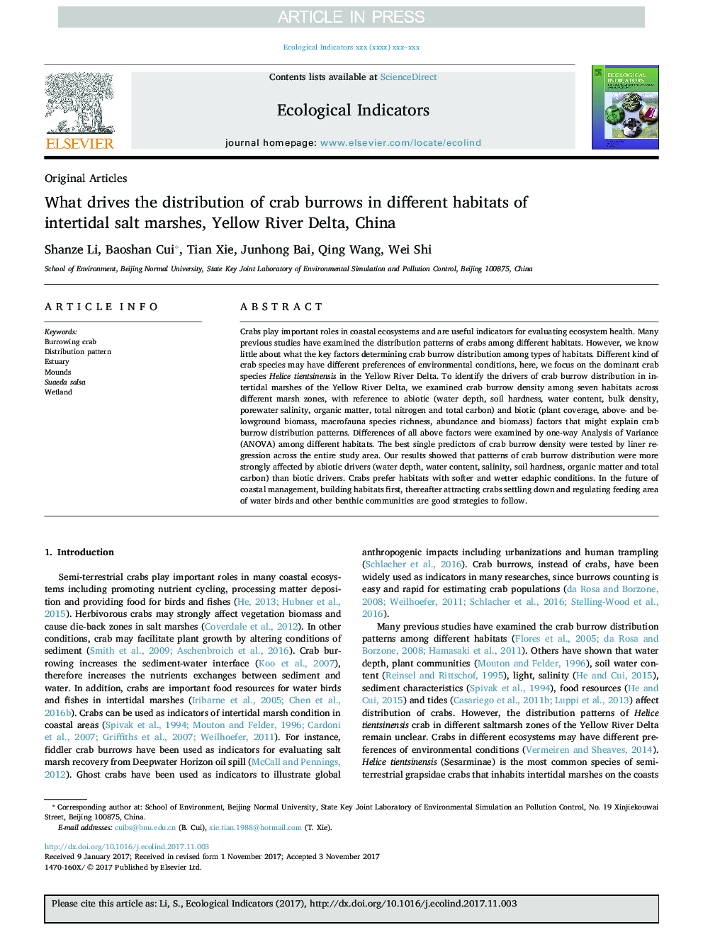 What drives the distribution of crab burrows in different habitats of intertidal salt marshes, Yellow River Delta, China