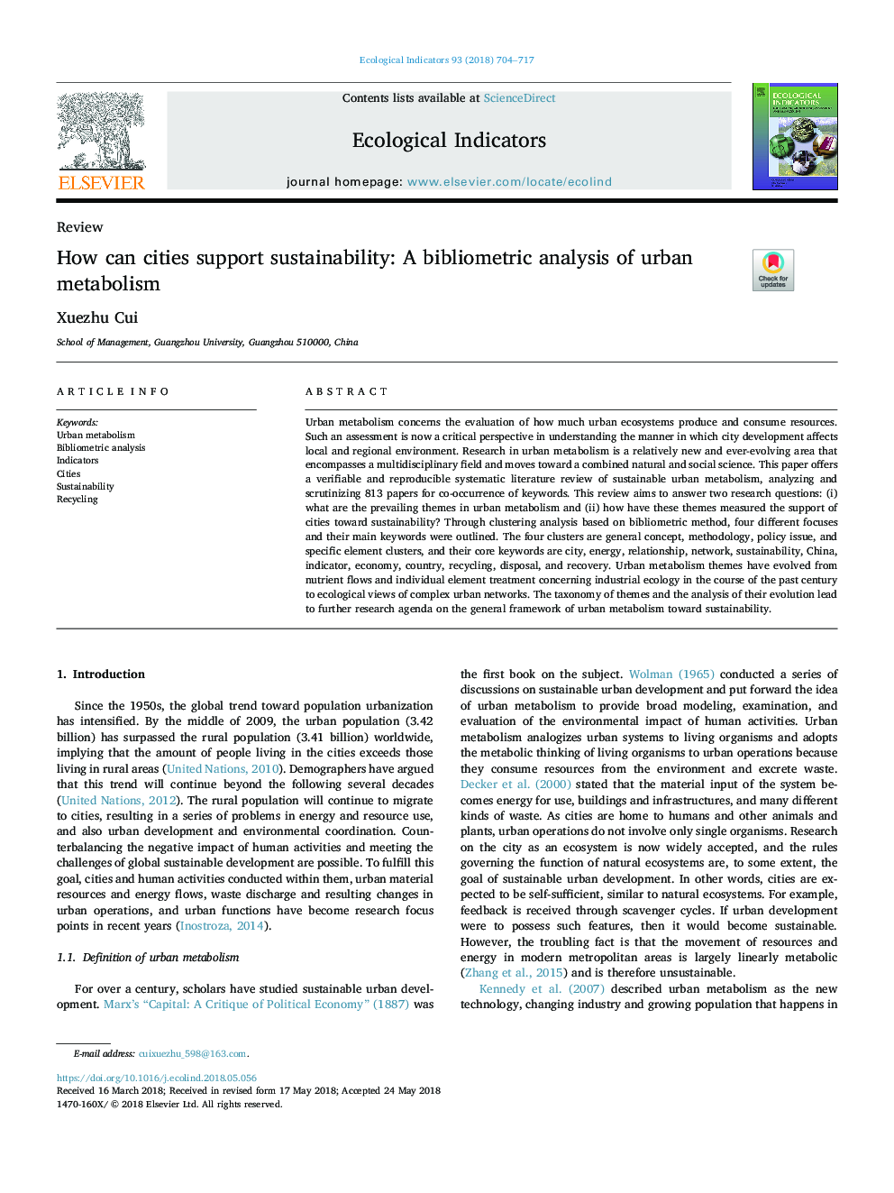 How can cities support sustainability: A bibliometric analysis of urban metabolism