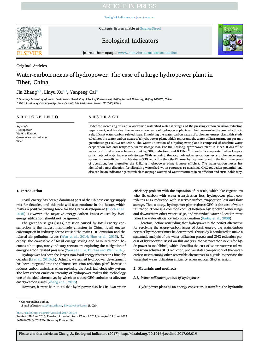 Water-carbon nexus of hydropower: The case of a large hydropower plant in Tibet, China