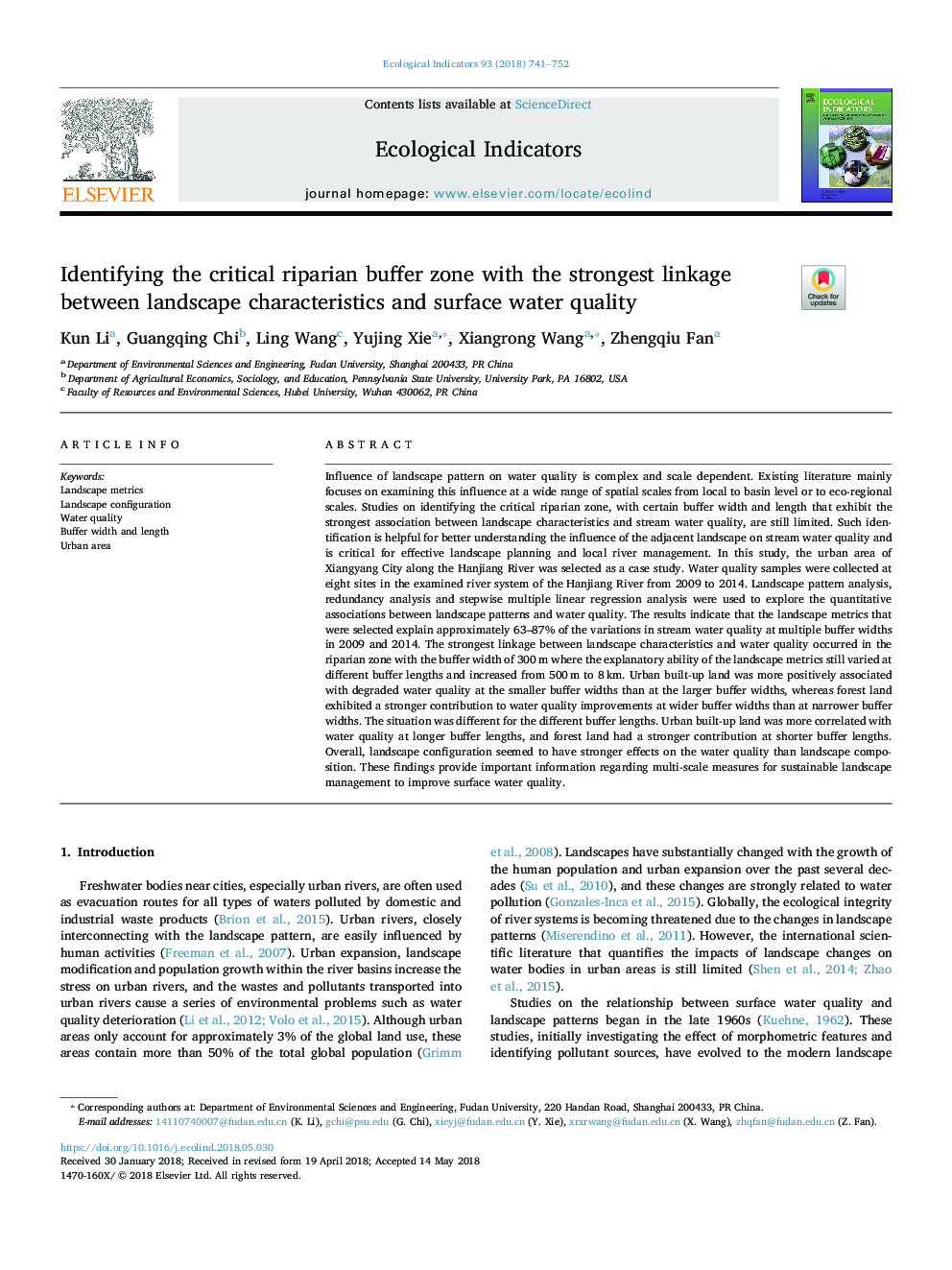 Identifying the critical riparian buffer zone with the strongest linkage between landscape characteristics and surface water quality