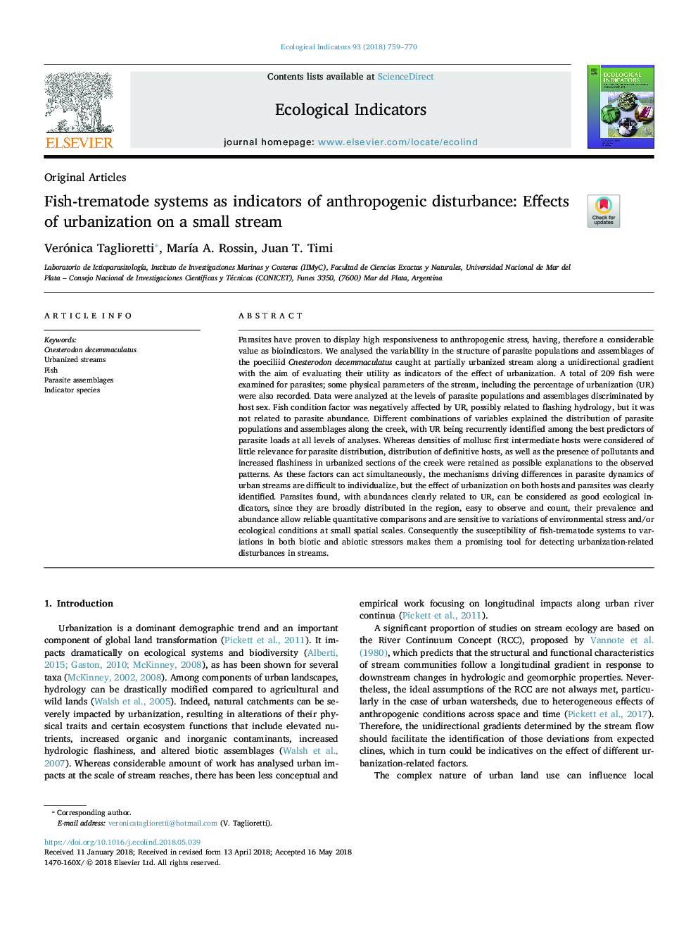 Fish-trematode systems as indicators of anthropogenic disturbance: Effects of urbanization on a small stream