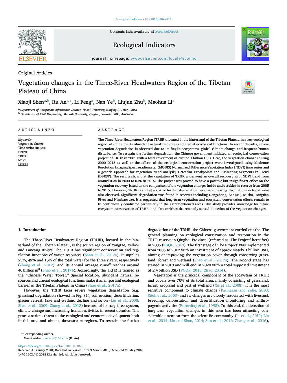 Vegetation changes in the Three-River Headwaters Region of the Tibetan Plateau of China