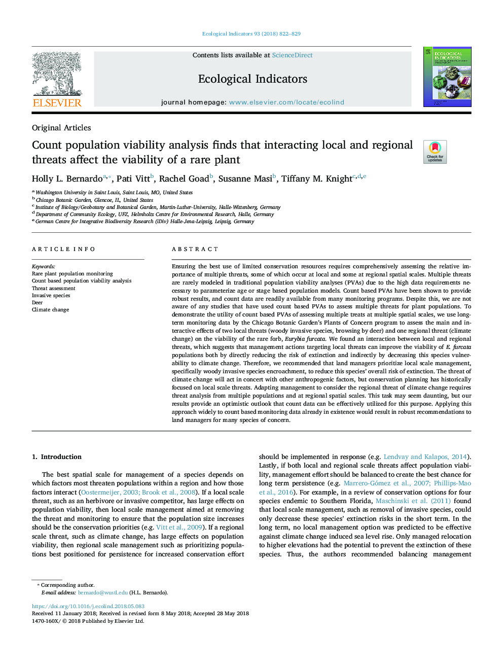 Count population viability analysis finds that interacting local and regional threats affect the viability of a rare plant