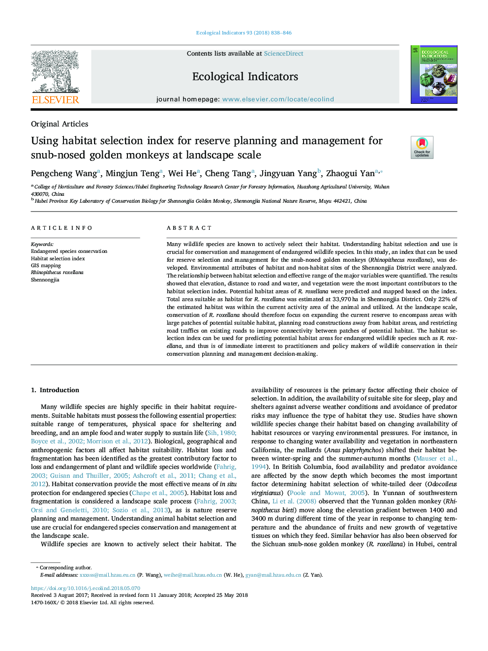 Using habitat selection index for reserve planning and management for snub-nosed golden monkeys at landscape scale