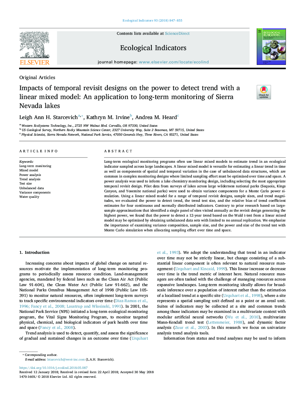 Impacts of temporal revisit designs on the power to detect trend with a linear mixed model: An application to long-term monitoring of Sierra Nevada lakes