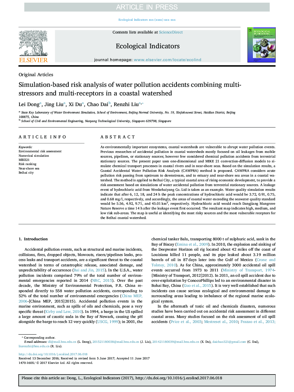 Simulation-based risk analysis of water pollution accidents combining multi-stressors and multi-receptors in a coastal watershed