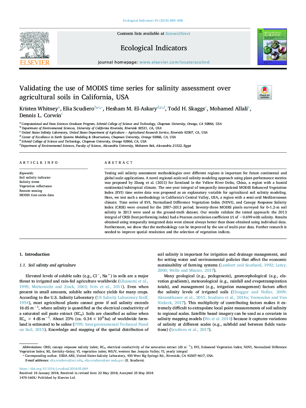 Validating the use of MODIS time series for salinity assessment over agricultural soils in California, USA