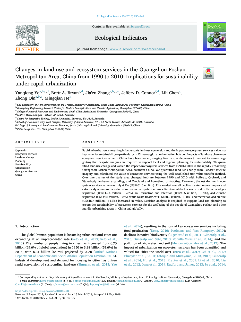 Changes in land-use and ecosystem services in the Guangzhou-Foshan Metropolitan Area, China from 1990 to 2010: Implications for sustainability under rapid urbanization