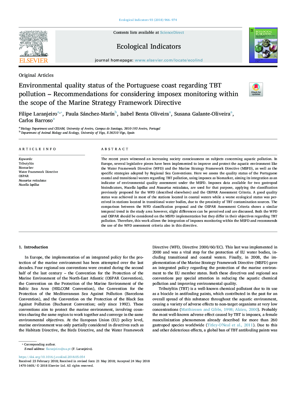 Environmental quality status of the Portuguese coast regarding TBT pollution - Recommendations for considering imposex monitoring within the scope of the Marine Strategy Framework Directive