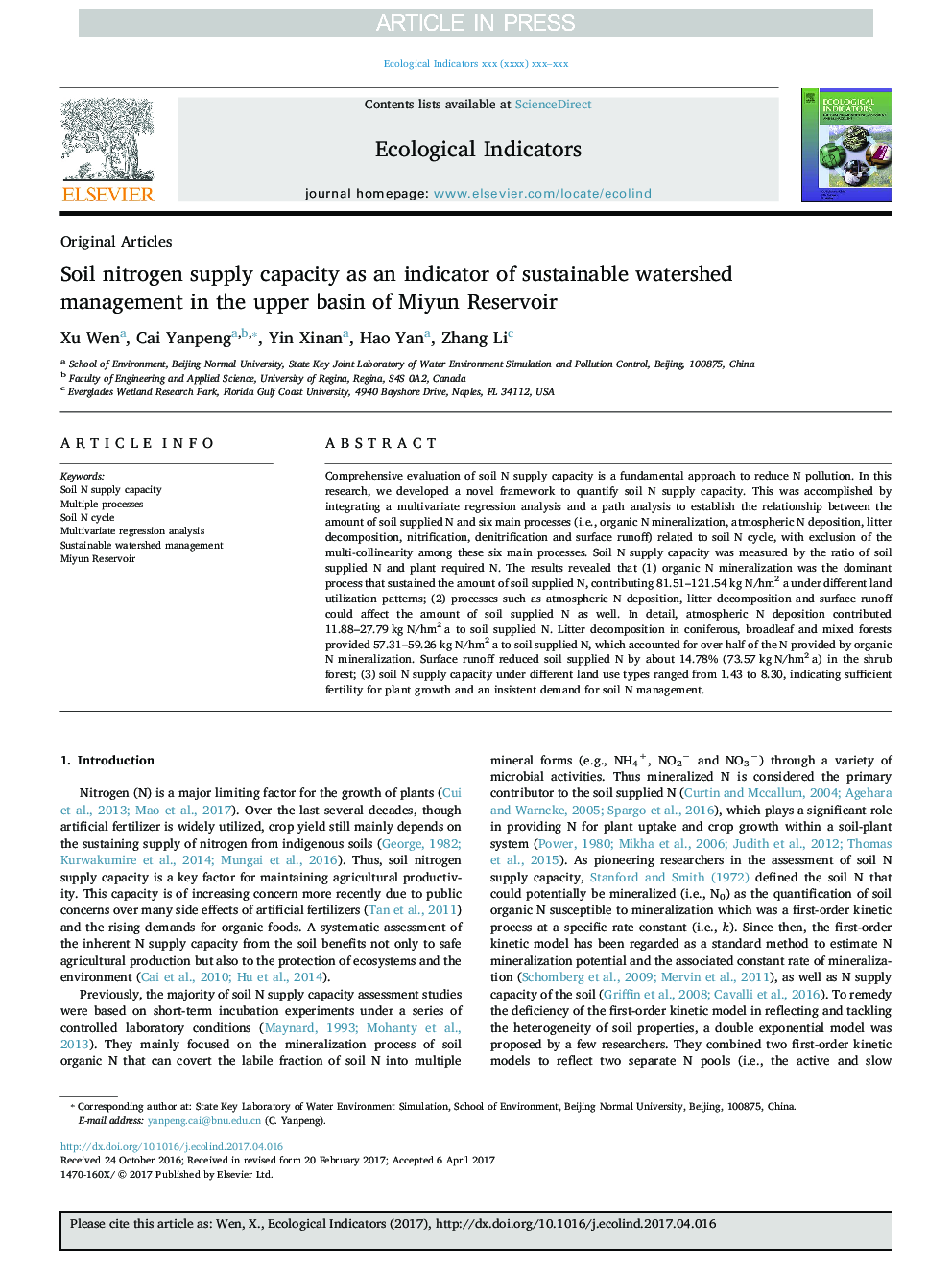 Soil nitrogen supply capacity as an indicator of sustainable watershed management in the upper basin of Miyun Reservoir