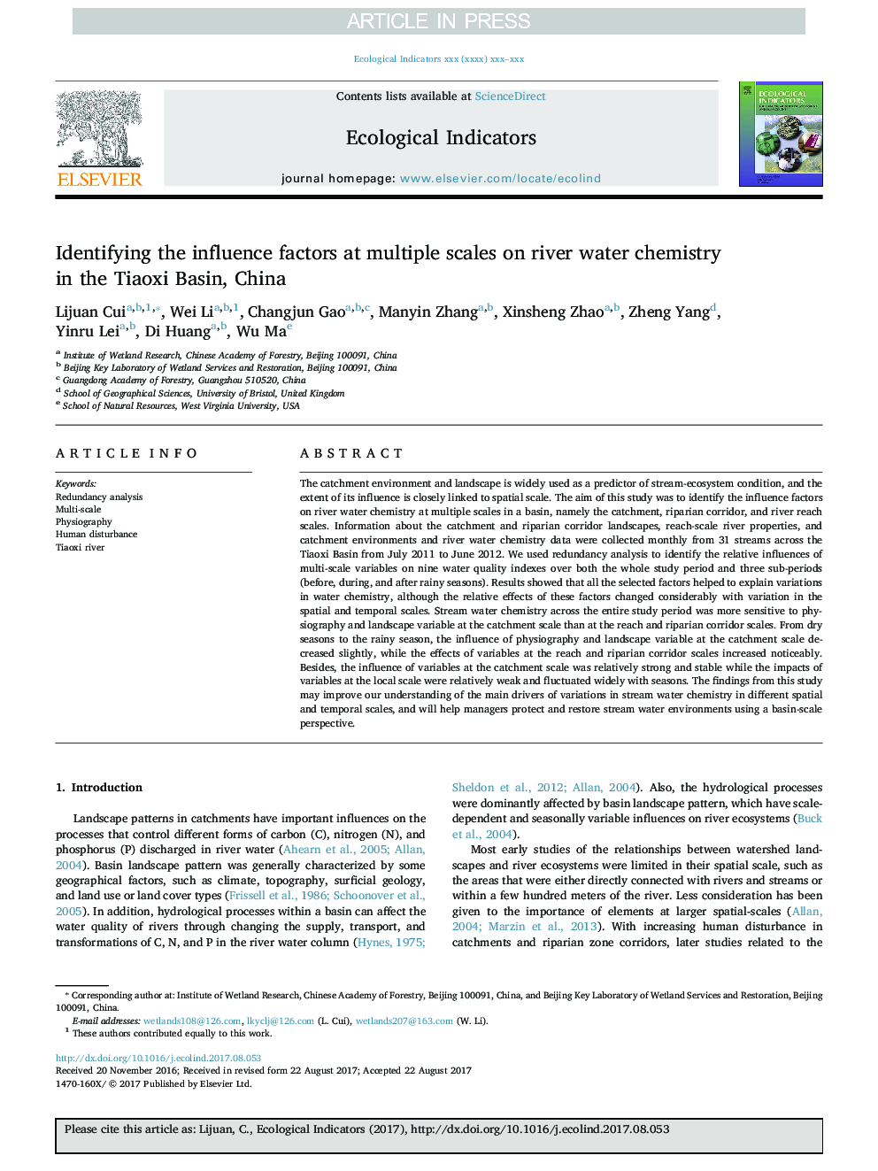 Identifying the influence factors at multiple scales on river water chemistry in the Tiaoxi Basin, China