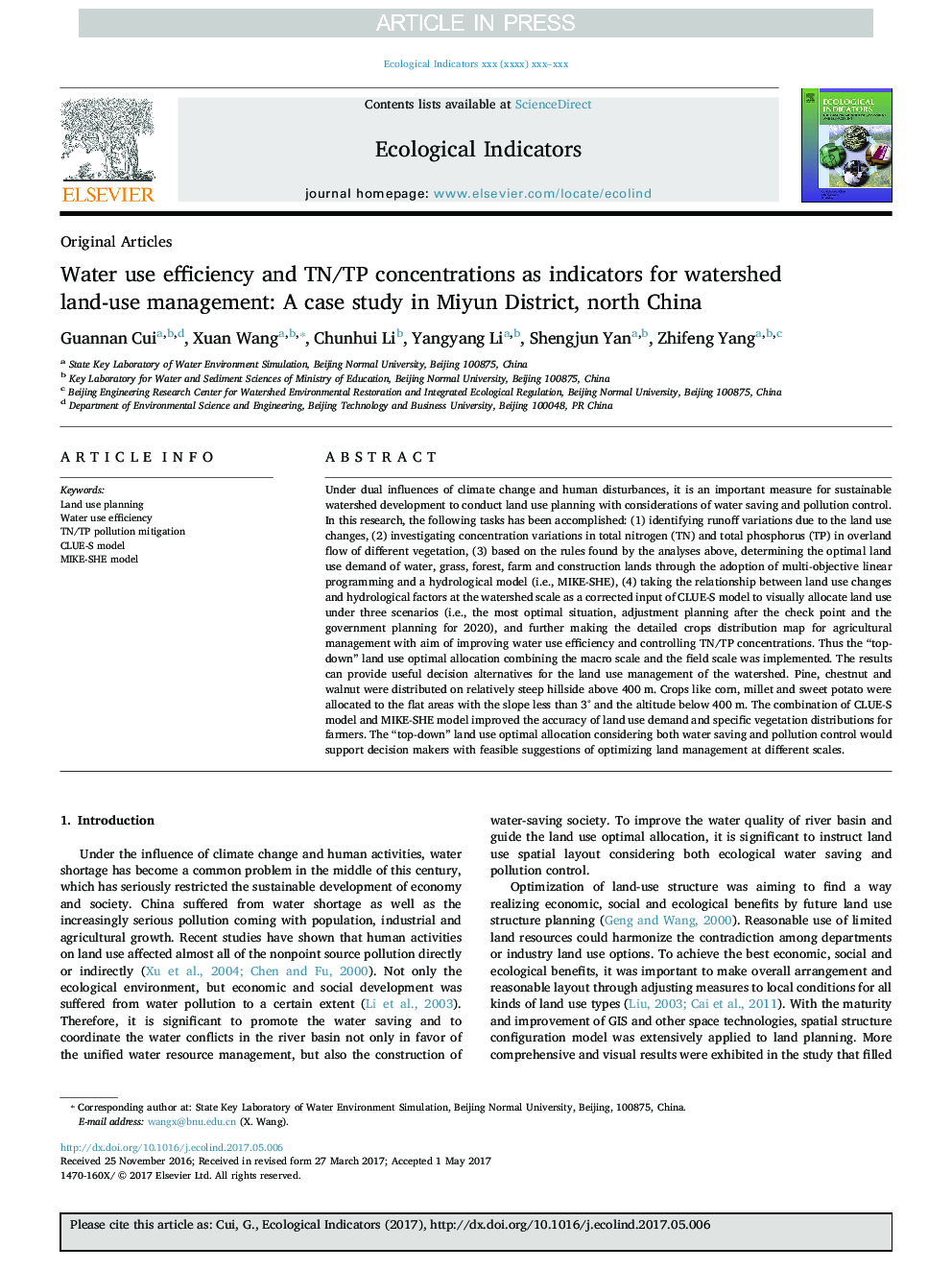 Water use efficiency and TN/TP concentrations as indicators for watershed land-use management: A case study in Miyun District, north China