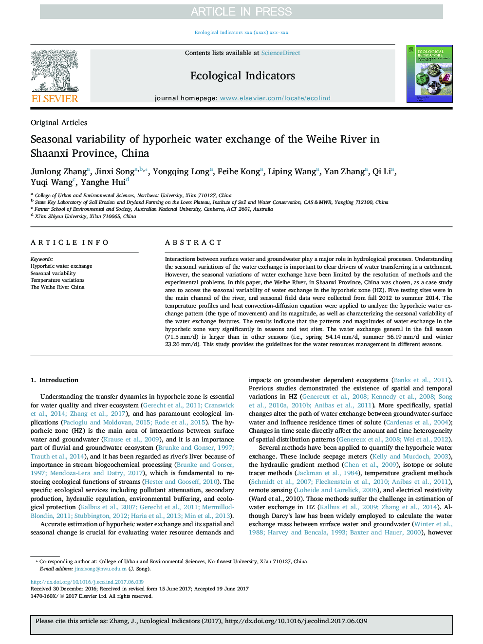 Seasonal variability of hyporheic water exchange of the Weihe River in Shaanxi Province, China