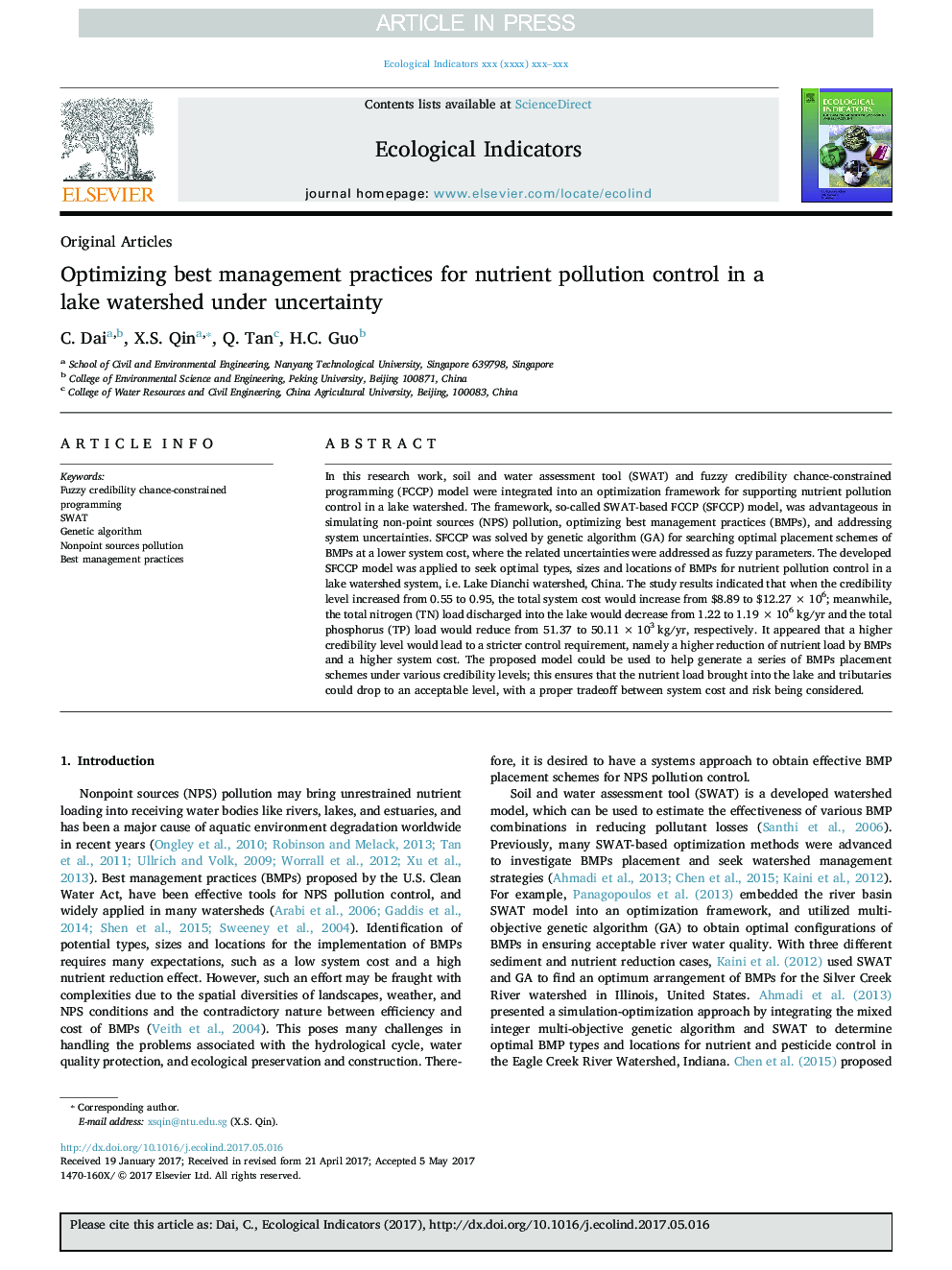 Optimizing best management practices for nutrient pollution control in a lake watershed under uncertainty