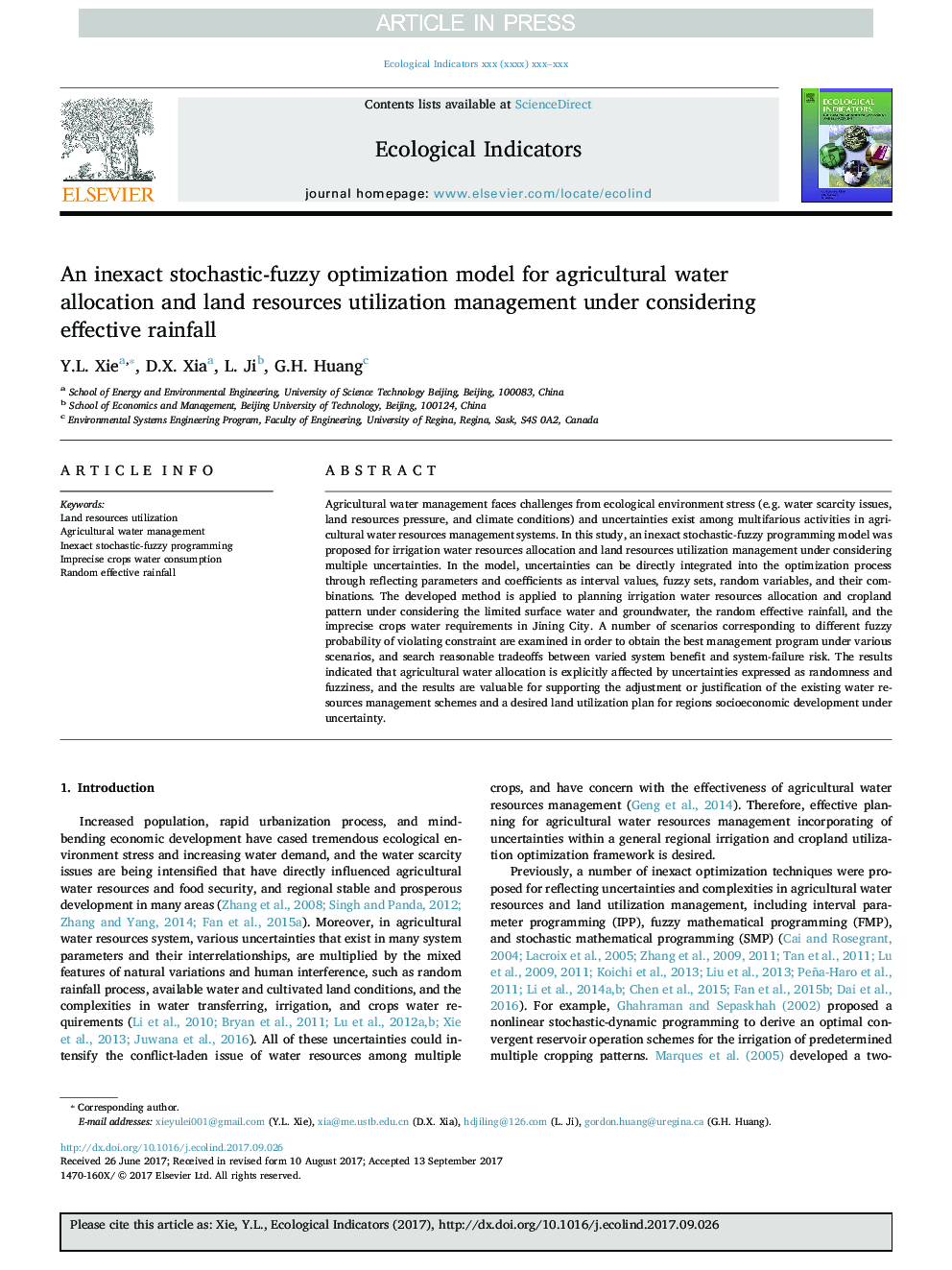 An inexact stochastic-fuzzy optimization model for agricultural water allocation and land resources utilization management under considering effective rainfall