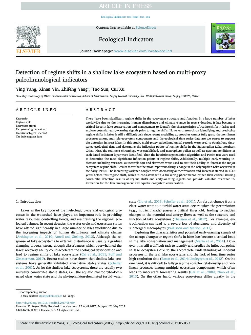 Detection of regime shifts in a shallow lake ecosystem based on multi-proxy paleolimnological indicators