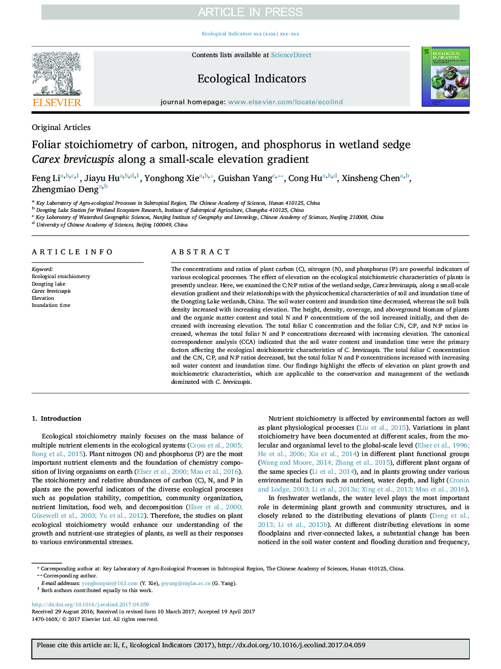 Foliar stoichiometry of carbon, nitrogen, and phosphorus in wetland sedge Carex brevicuspis along a small-scale elevation gradient