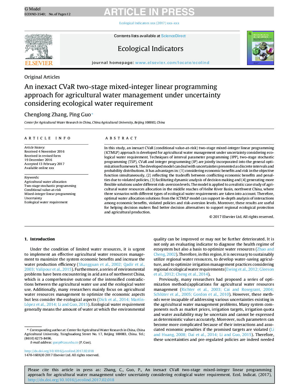 An inexact CVaR two-stage mixed-integer linear programming approach for agricultural water management under uncertainty considering ecological water requirement