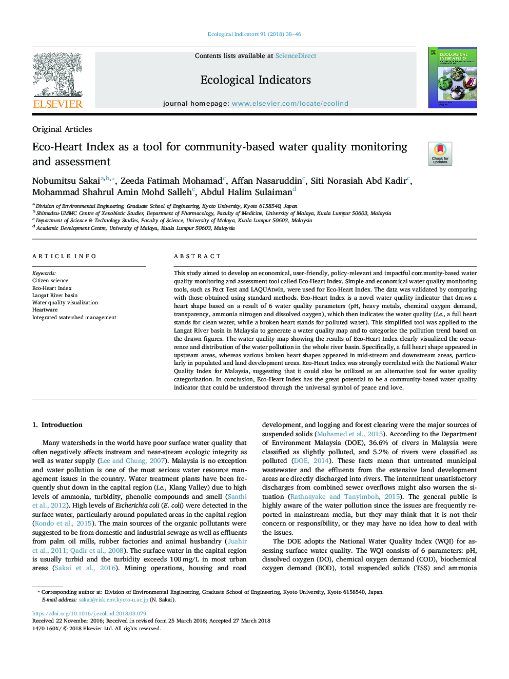 Eco-Heart Index as a tool for community-based water quality monitoring and assessment