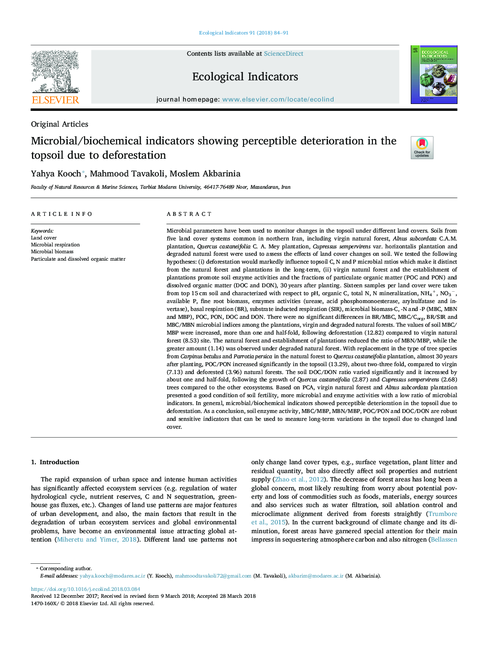 Microbial/biochemical indicators showing perceptible deterioration in the topsoil due to deforestation