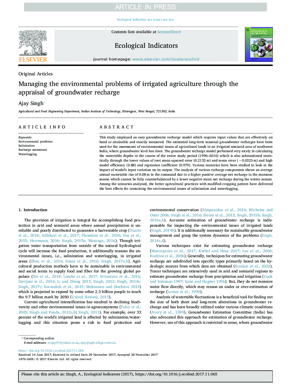 Managing the environmental problems of irrigated agriculture through the appraisal of groundwater recharge