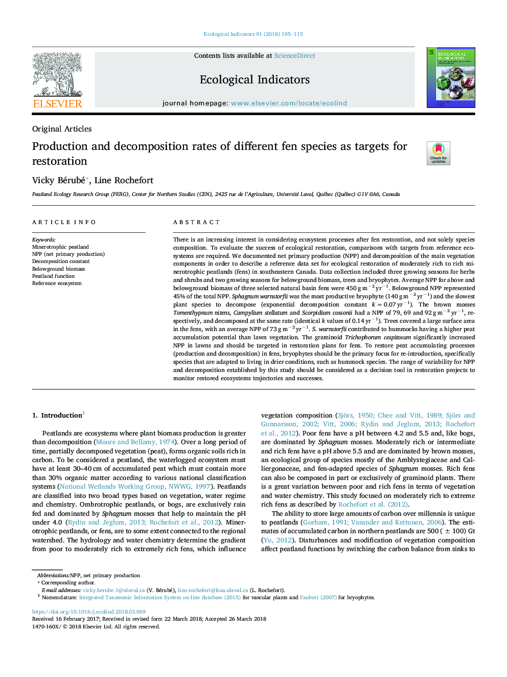 Production and decomposition rates of different fen species as targets for restoration