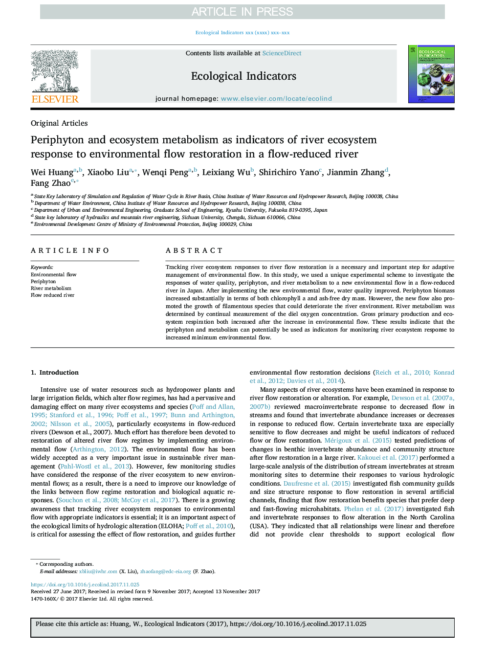 Periphyton and ecosystem metabolism as indicators of river ecosystem response to environmental flow restoration in a flow-reduced river