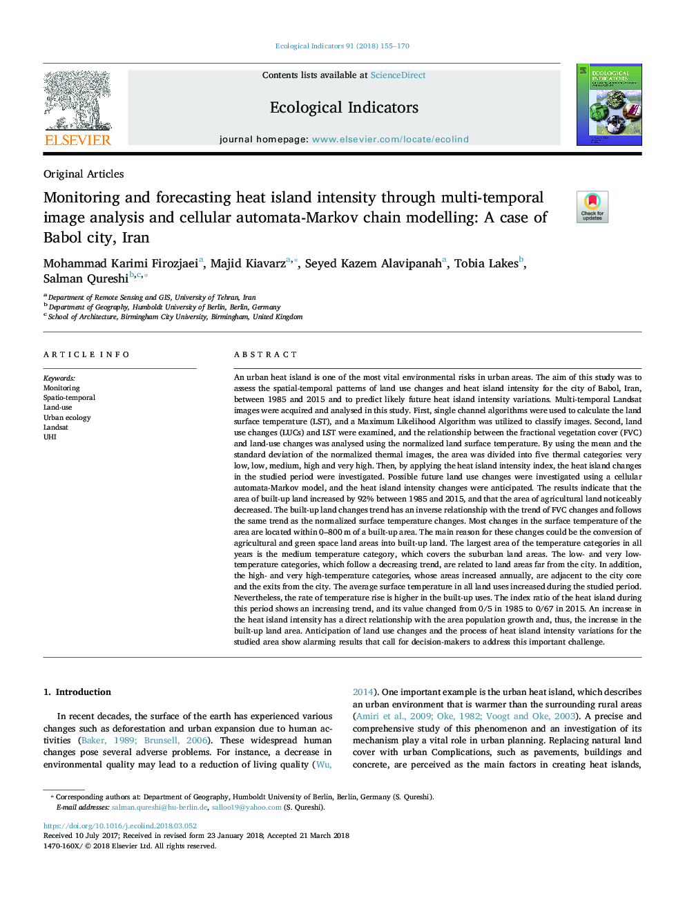 Monitoring and forecasting heat island intensity through multi-temporal image analysis and cellular automata-Markov chain modelling: A case of Babol city, Iran