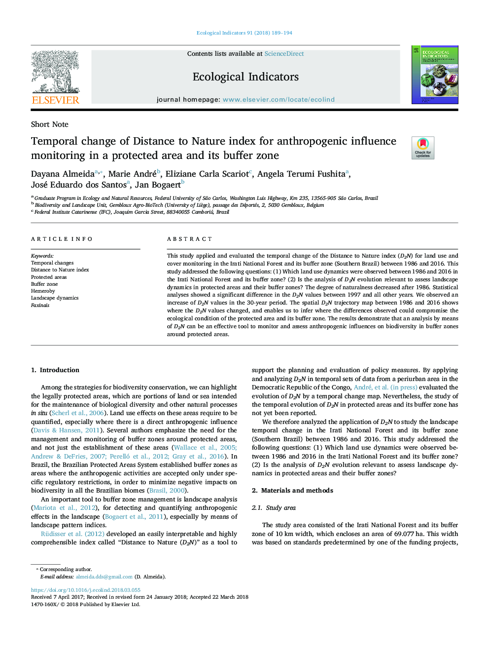 Temporal change of Distance to Nature index for anthropogenic influence monitoring in a protected area and its buffer zone