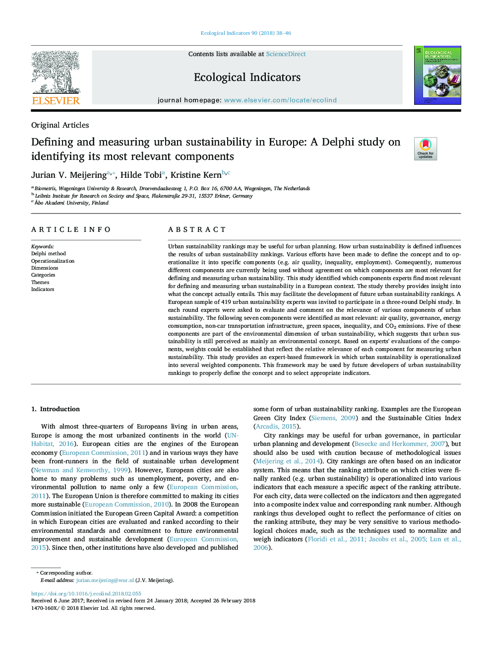 Defining and measuring urban sustainability in Europe: A Delphi study on identifying its most relevant components