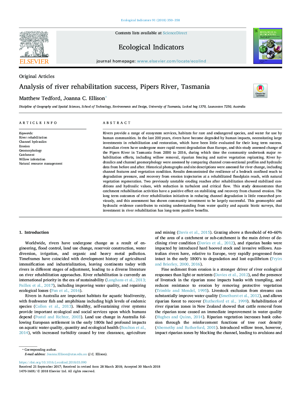 Analysis of river rehabilitation success, Pipers River, Tasmania