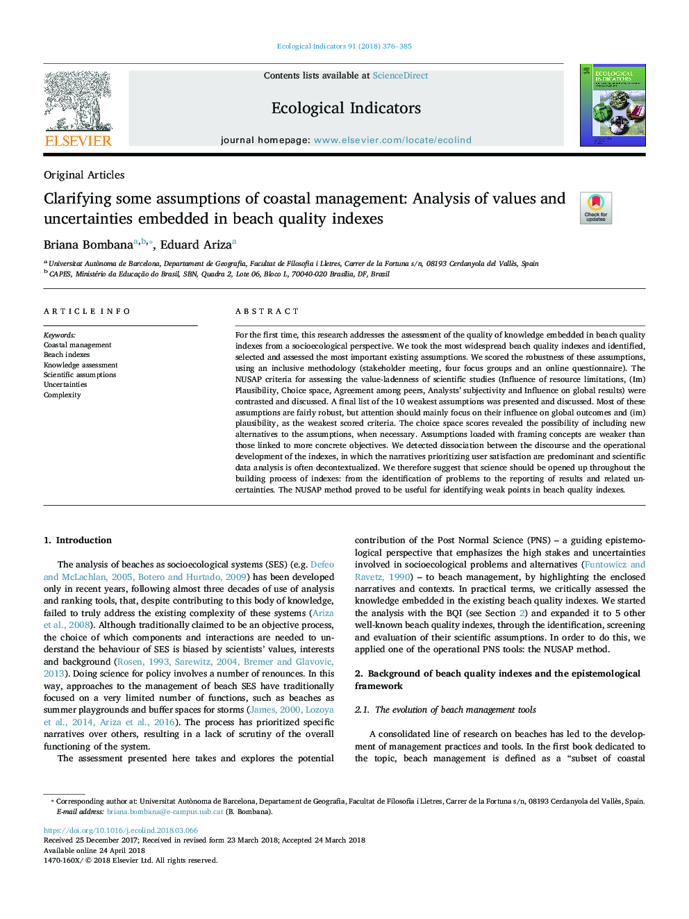 Clarifying some assumptions of coastal management: Analysis of values and uncertainties embedded in beach quality indexes