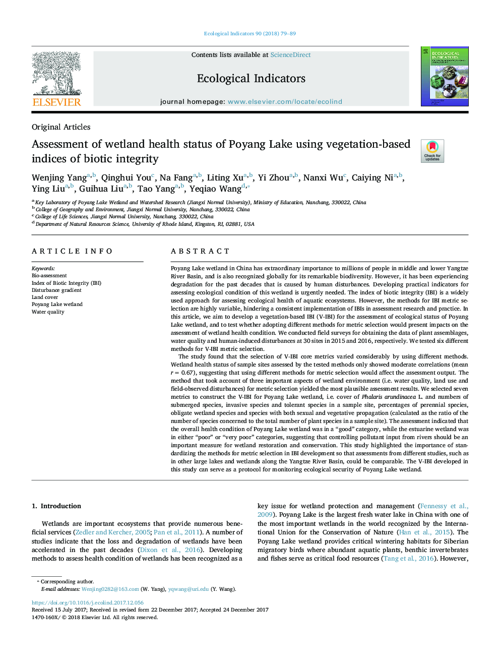 Assessment of wetland health status of Poyang Lake using vegetation-based indices of biotic integrity