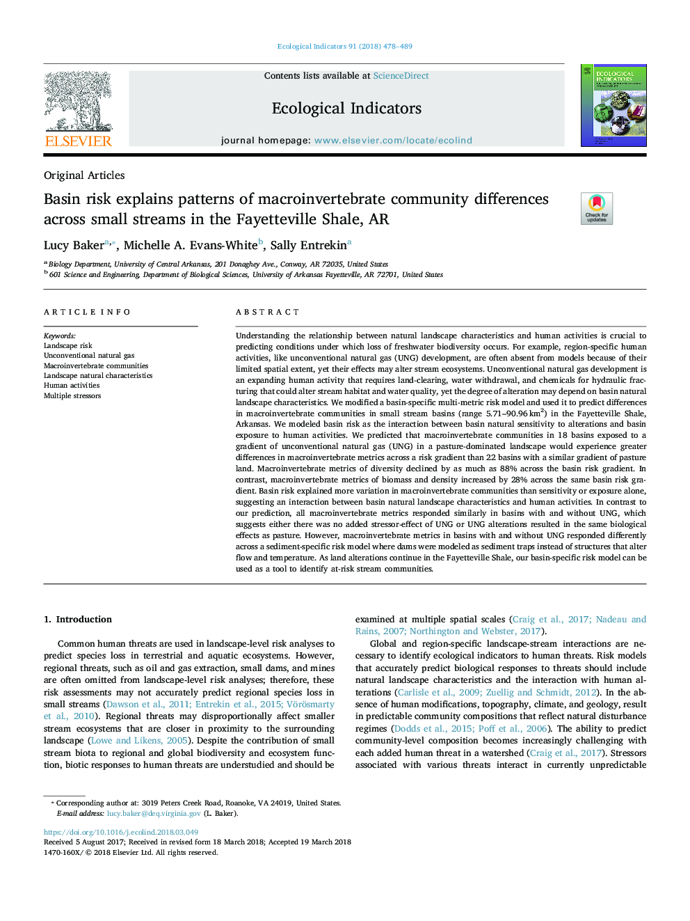 Basin risk explains patterns of macroinvertebrate community differences across small streams in the Fayetteville Shale, AR