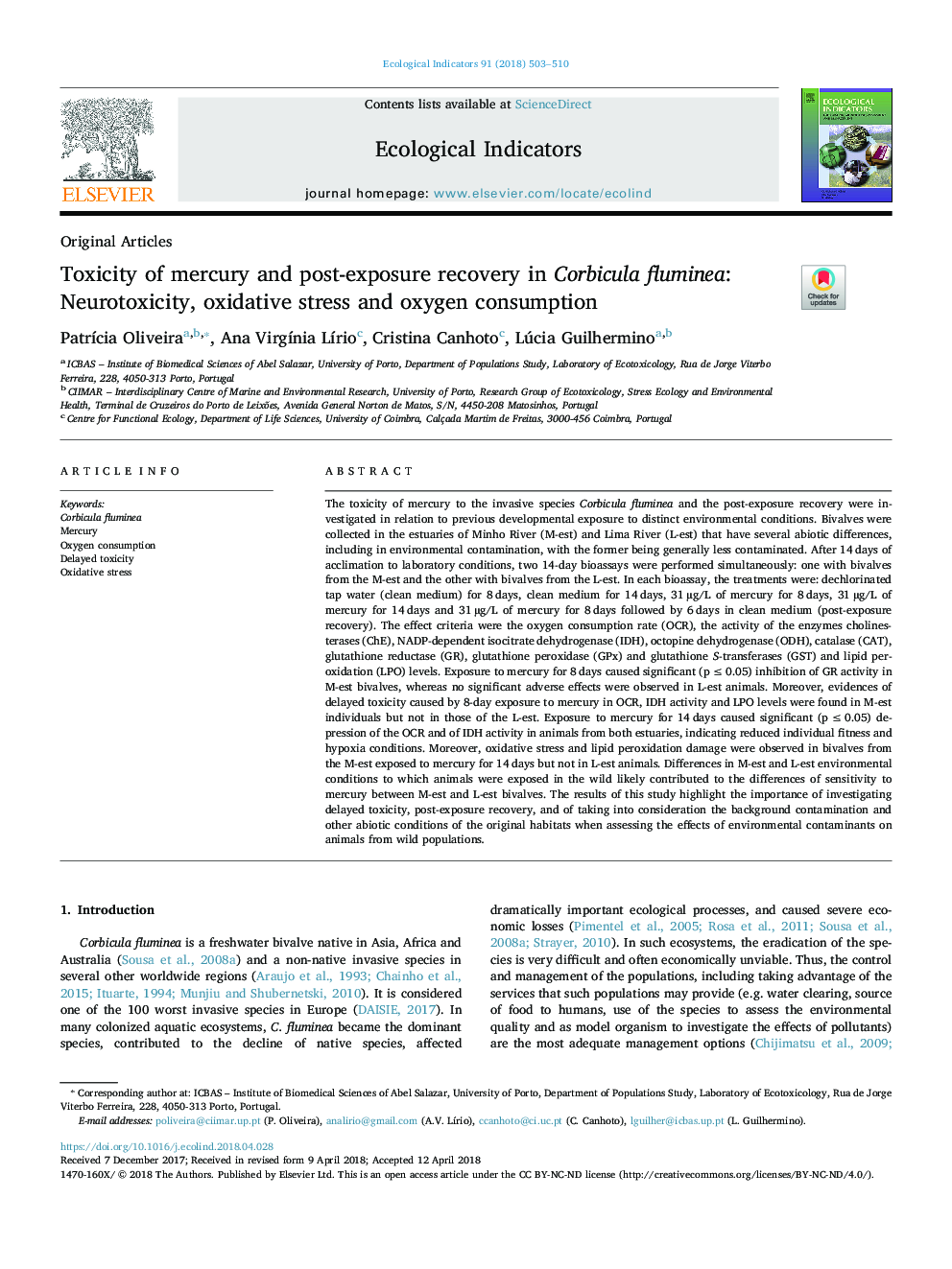 Toxicity of mercury and post-exposure recovery in Corbicula fluminea: Neurotoxicity, oxidative stress and oxygen consumption