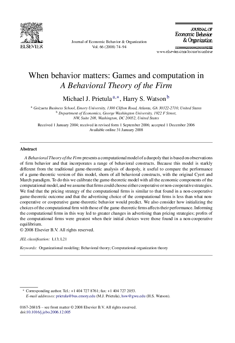 When behavior matters: Games and computation in A Behavioral Theory of the Firm