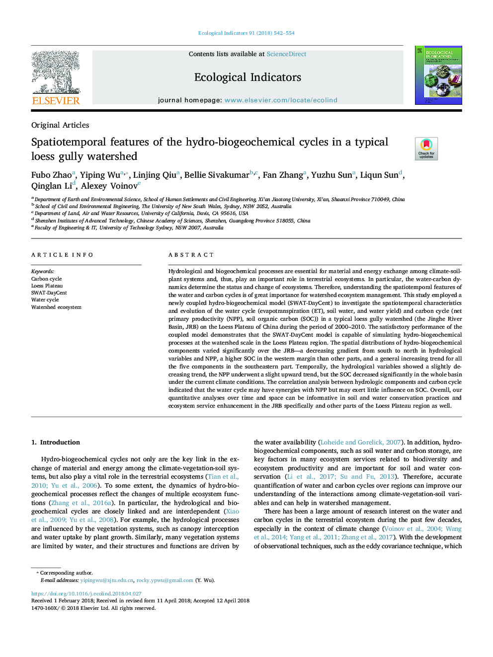 Spatiotemporal features of the hydro-biogeochemical cycles in a typical loess gully watershed