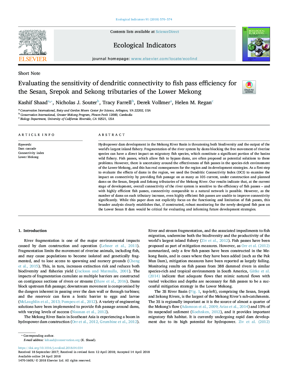 ارزیابی حساسیت اتصالات دندریتیک به بازدهی ماهی در رودخانه های سزان، شرپک و سکونگ در پایین مکونگ 