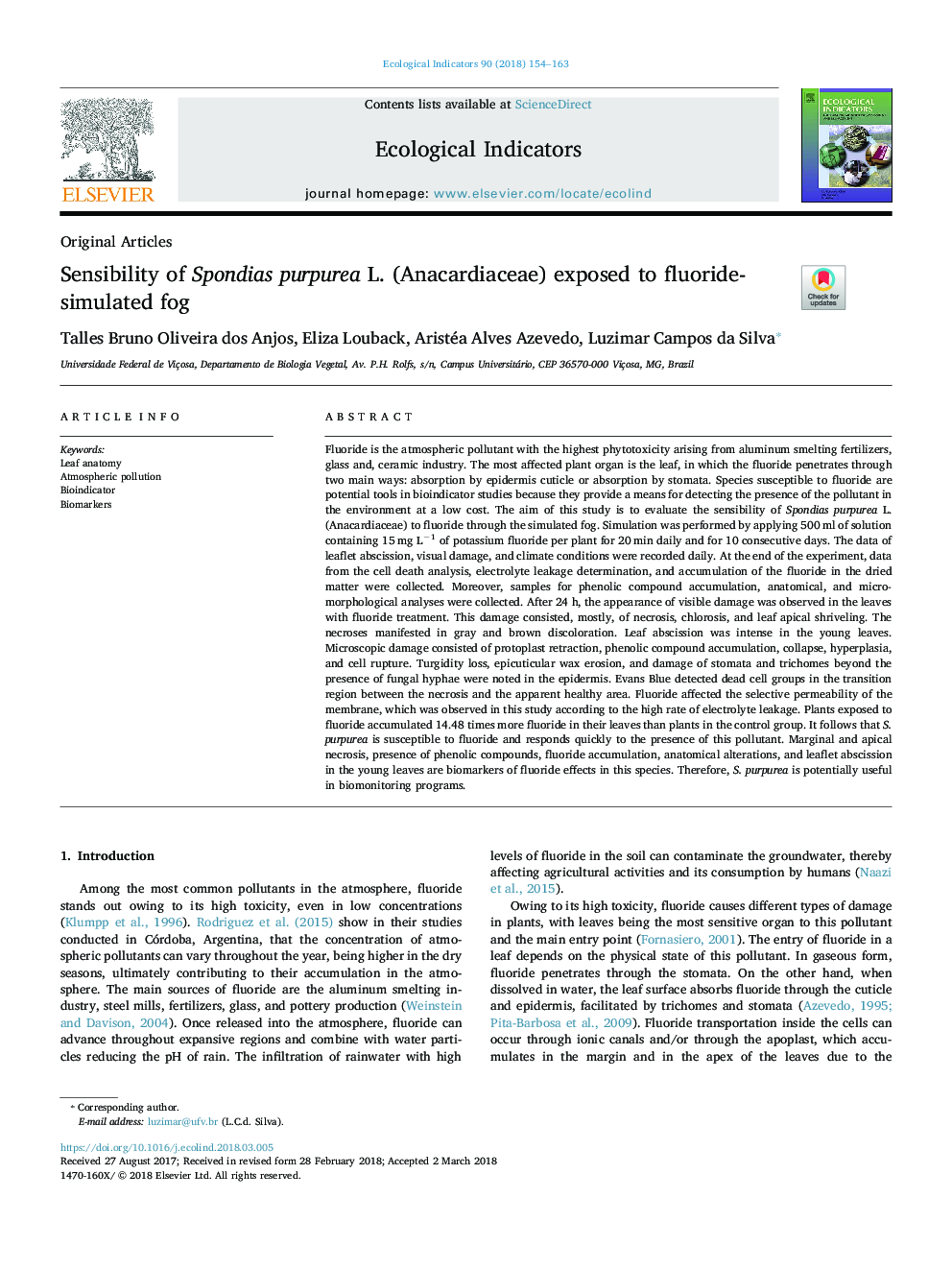 Sensibility of Spondias purpurea L. (Anacardiaceae) exposed to fluoride-simulated fog