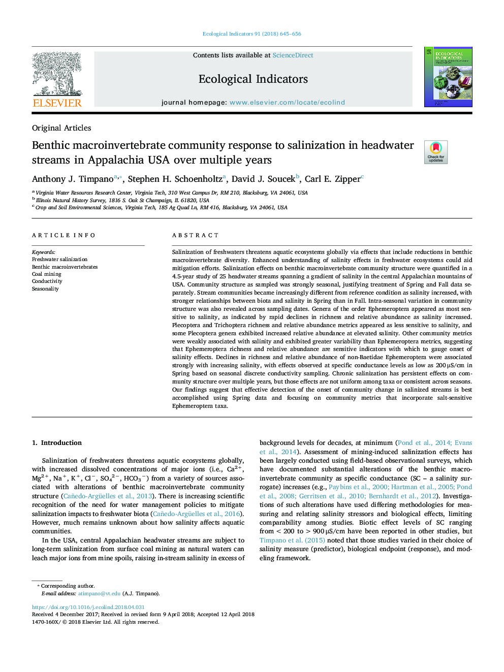 Benthic macroinvertebrate community response to salinization in headwater streams in Appalachia USA over multiple years