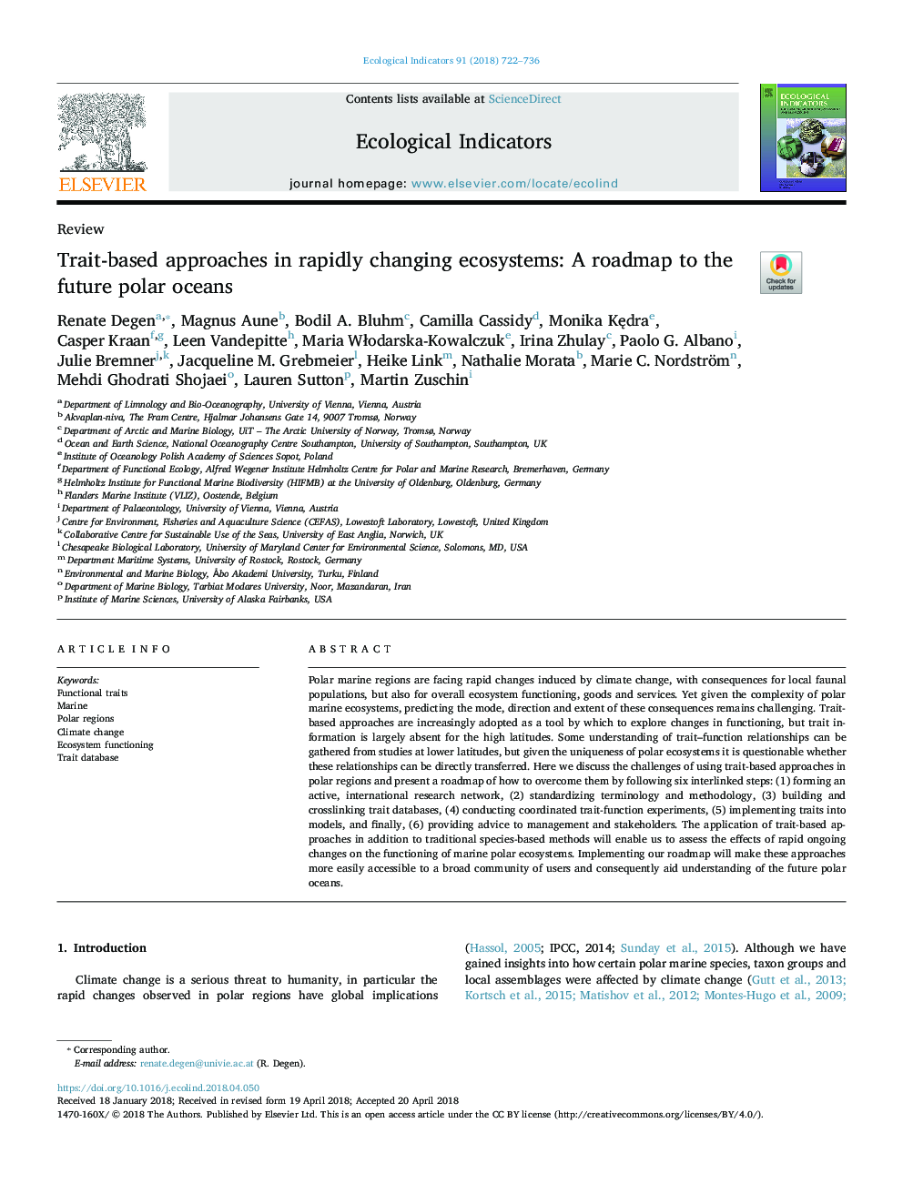 Trait-based approaches in rapidly changing ecosystems: A roadmap to the future polar oceans