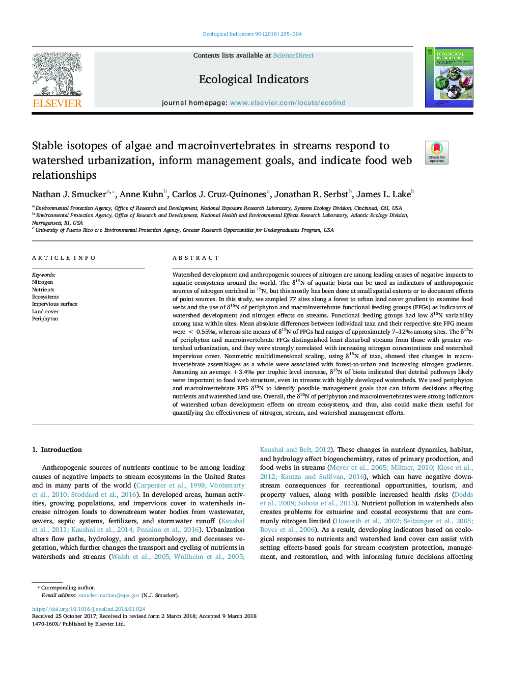 Stable isotopes of algae and macroinvertebrates in streams respond to watershed urbanization, inform management goals, and indicate food web relationships