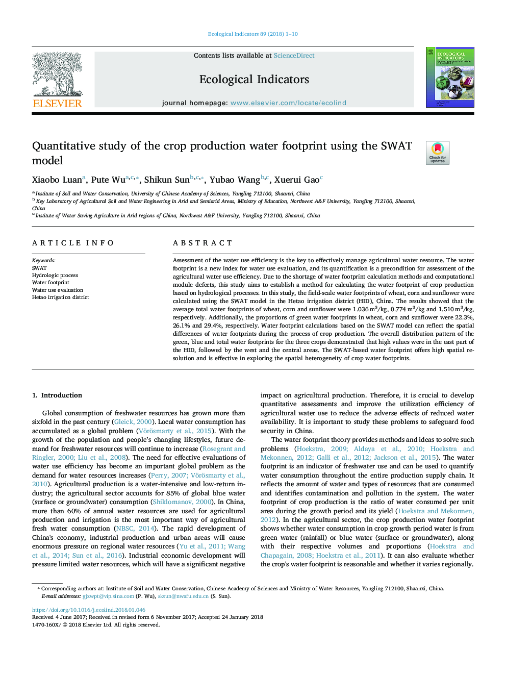 Quantitative study of the crop production water footprint using the SWAT model