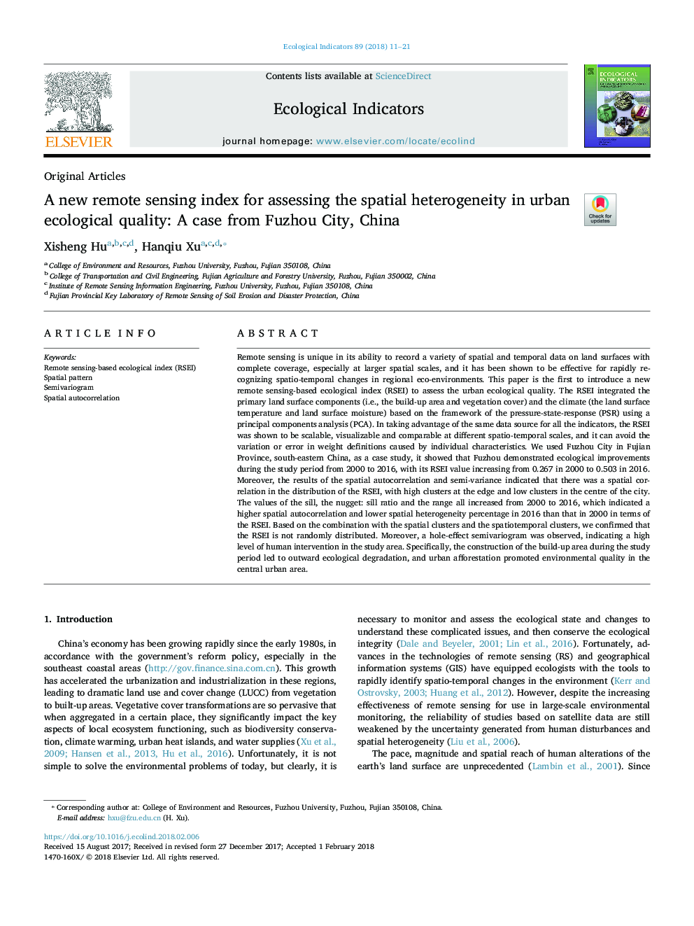 A new remote sensing index for assessing the spatial heterogeneity in urban ecological quality: A case from Fuzhou City, China