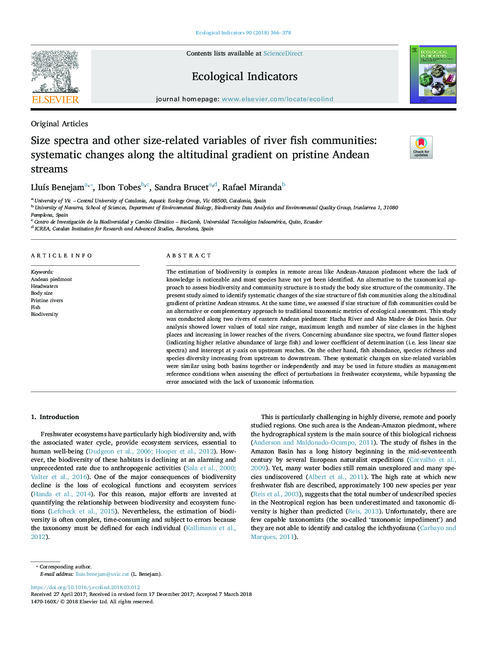 Size spectra and other size-related variables of river fish communities: systematic changes along the altitudinal gradient on pristine Andean streams